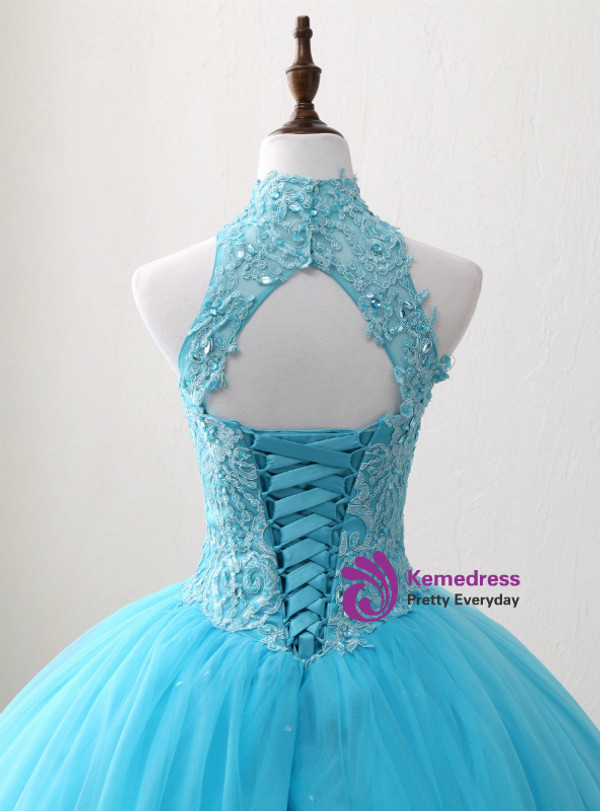 Blue Rulle Lace Appliques High Neck Backless Sweet 15 Dress