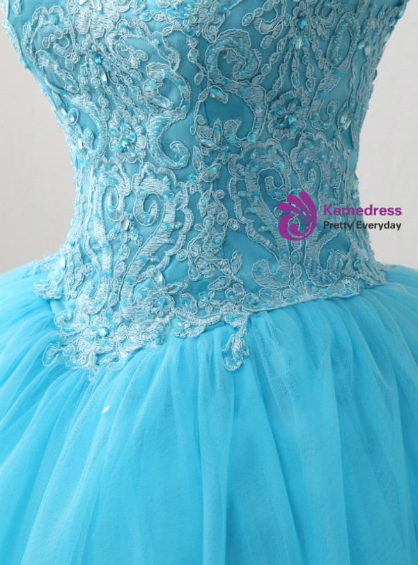Blue Rulle Lace Appliques High Neck Backless Sweet 15 Dress