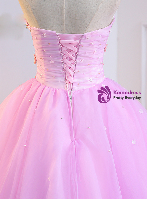 Pink Tulle Strapless Appliques Sweet 16 Quinceanera Dresses With Pearls
