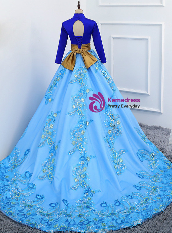 Blue Ball Gown Satin High Neck Backless Long Sleeve Appliques Quinceanera Dresses