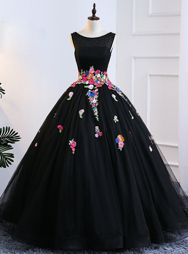 Black Ball Gown Tulle Bateau Backless Appliques Sweet 16 Dresses