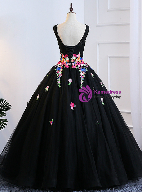 Black Ball Gown Tulle Bateau Backless Appliques Sweet 16 Dresses