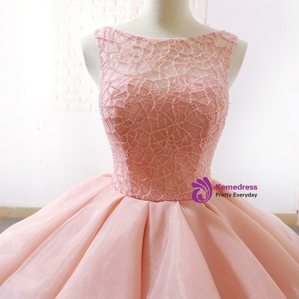 Pink Ball Gown Organza Bateau Bakless Wedding Dress With Beading