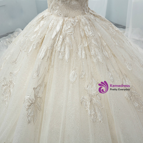 Light Champagne Tulle Sequins Off The Shoulder Appliques Wedding Dress