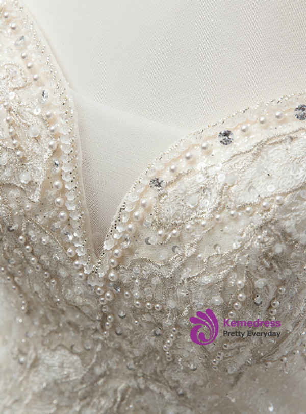 Light Champagne Tulle Sequins Off The Shoulder Appliques Wedding Dress