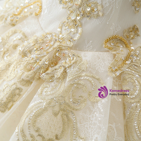 Glamorous Champagne Tulle Lace Appliques Off The Shoulder Wedding Dress