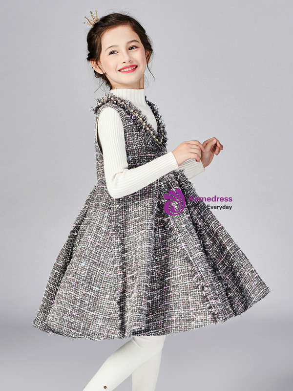 In Stock:Ship in 48 Hours Dark Gray V-neck Flower Girl Dress With Pearls