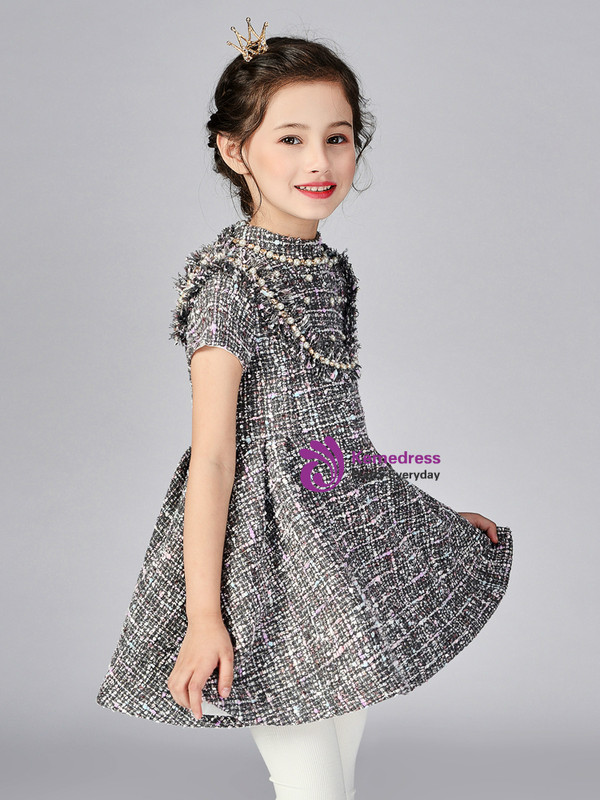 In Stock:Ship in 48 Hours Dark Gray Short Sleeve Flower Girl Dress With Pearls