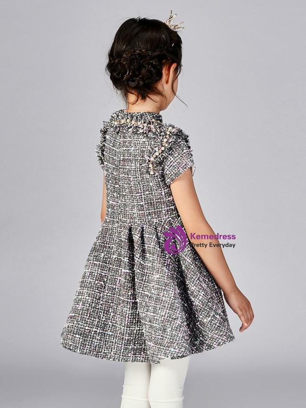 In Stock:Ship in 48 Hours Dark Gray Short Sleeve Flower Girl Dress With Pearls