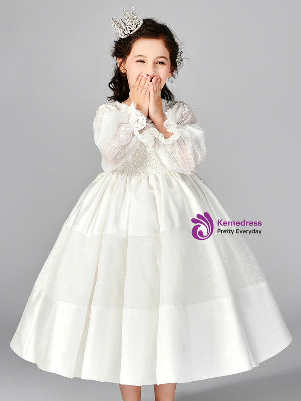 In Stock:Ship in 48 Hours White Satin Lace Long Sleeve Tea Length Girl Dress