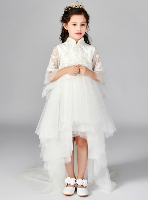 In Stock:Ship in 48 Hours  White Tulle Lace Hi Lo Short Sleeve Girl Dress