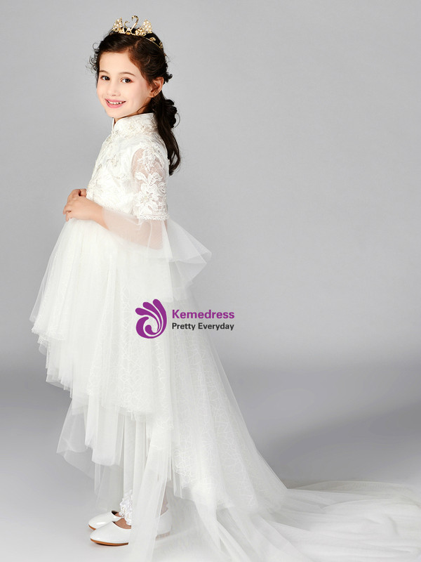 In Stock:Ship in 48 Hours  White Tulle Lace Hi Lo Short Sleeve Girl Dress