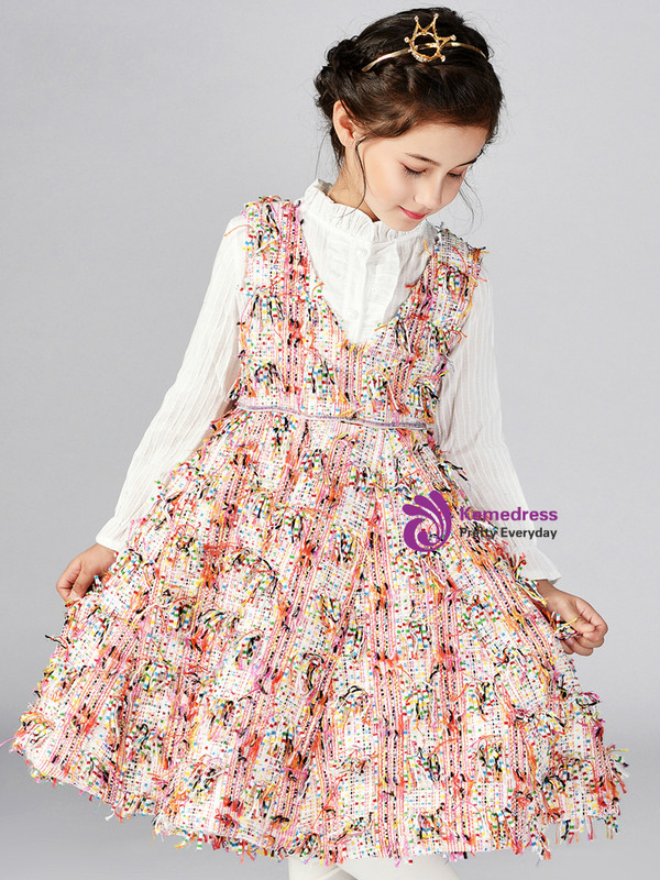 In Stock:Ship in 48 Hours Multicolor V-neck Knee Length Flower Girl Dress