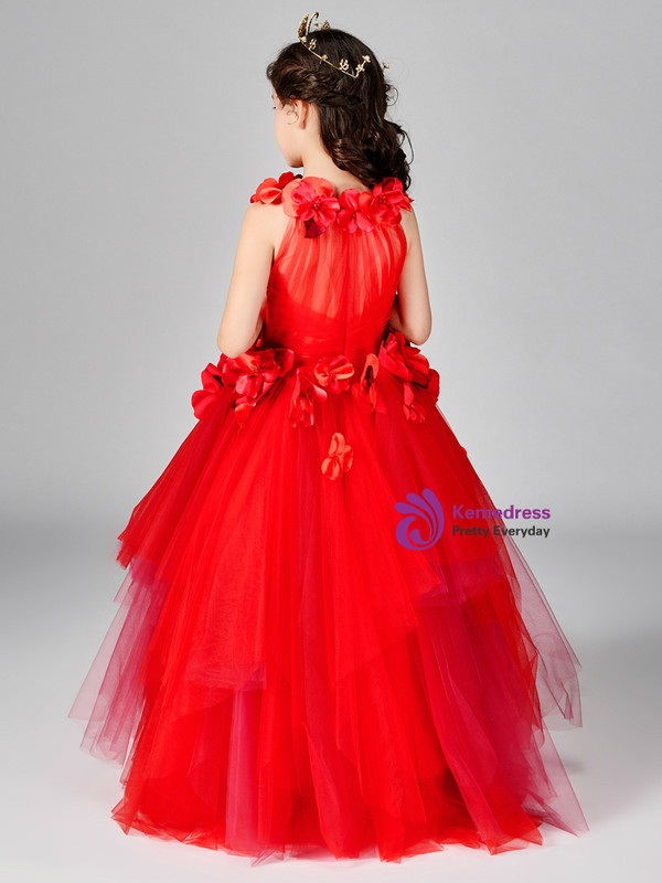 In Stock:Ship in 48 Hours Red Tulle Appliques Floor Length Flower Girl Dress