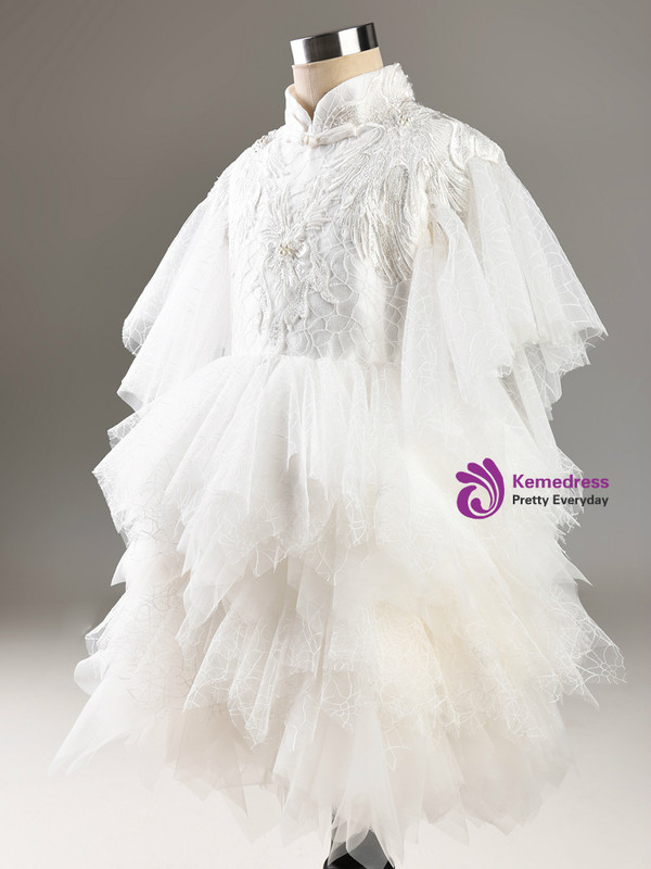 In Stock:Ship in 48 Hours White Tulle Puff Sleeve Flower Girl Dress