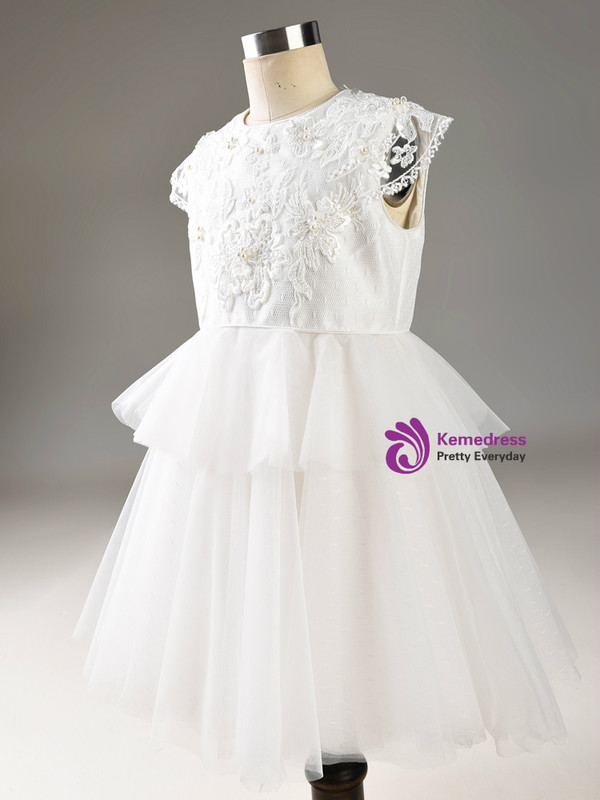 In Stock:Ship in 48 Hours White Tulle Cap Sleeve Flower Girl Dress