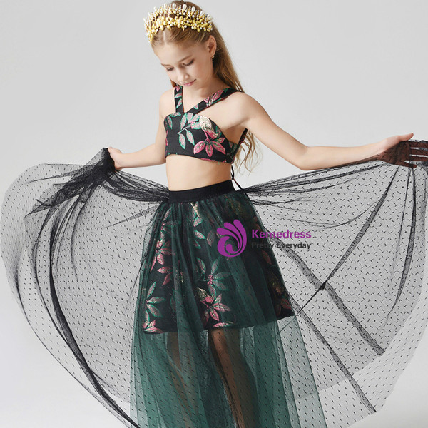 In Stock:Ship in 48 Hours Green Two Piece Halter Embroidery Flower Girl Dress