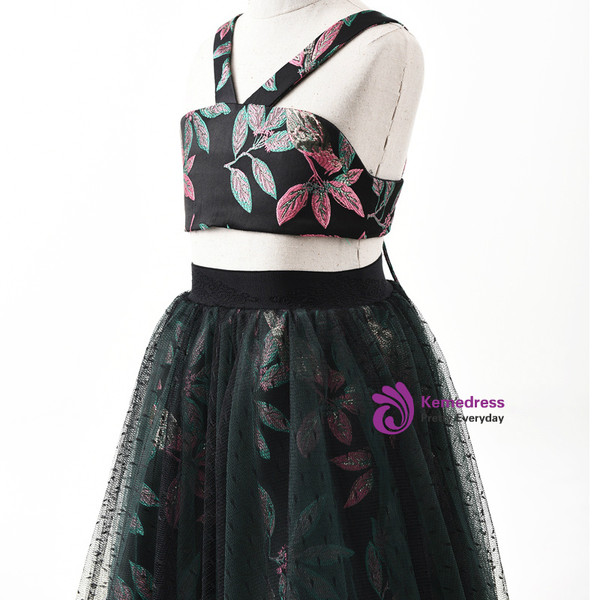 In Stock:Ship in 48 Hours Green Two Piece Halter Embroidery Flower Girl Dress