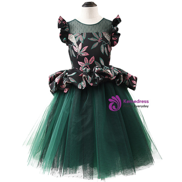 In Stock:Ship in 48 Hours Green Tulle Embroidery Flower Girl Dress