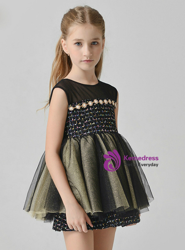 In Stock:Ship in 48 Hours Black Short Tulle Flower Girl Dress With Pearls