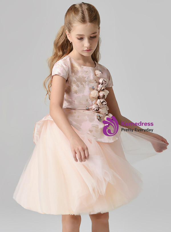 In Stock:Ship in 48 Hours  Pink Tulle Cap Sleeve Flower Girl Dress With Hand Flower