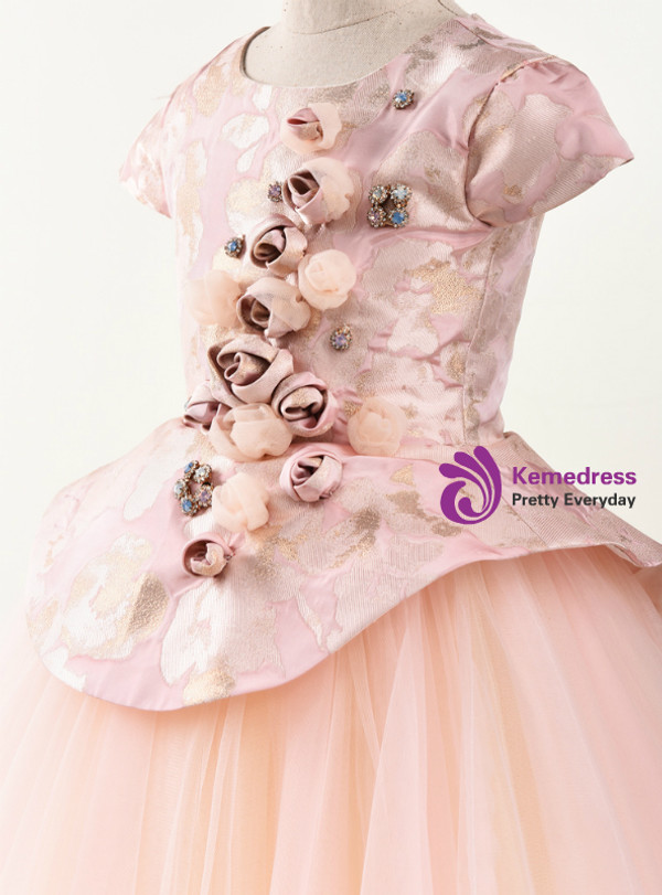In Stock:Ship in 48 Hours  Pink Tulle Cap Sleeve Flower Girl Dress With Hand Flower