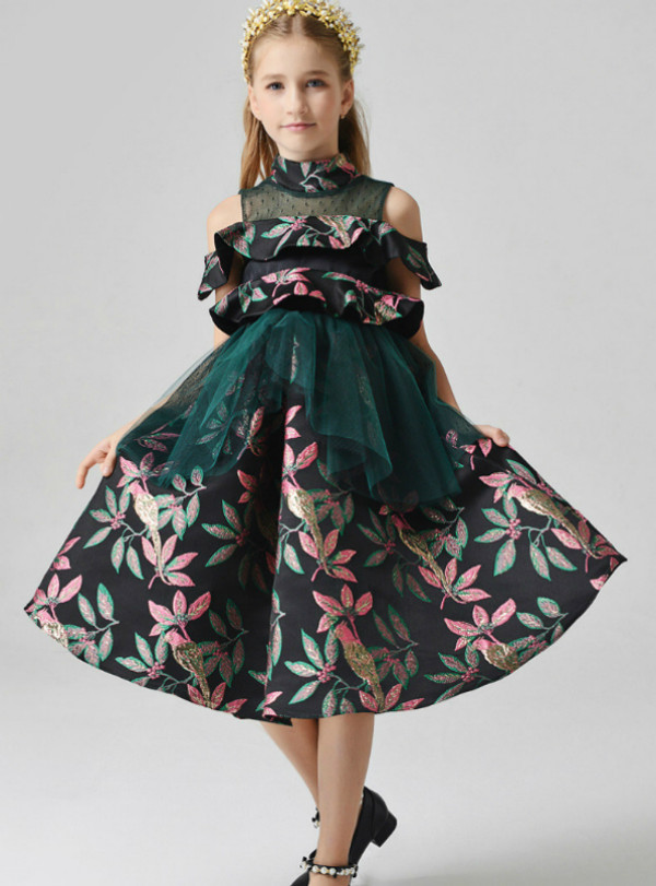 In Stock:Ship in 48 Hours Green Tulle Embroidery High Neck Flower Girl Dress