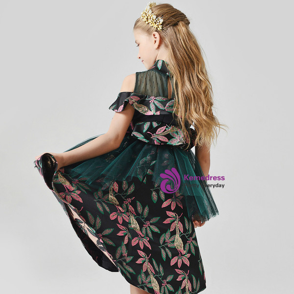 In Stock:Ship in 48 Hours Green Tulle Embroidery High Neck Flower Girl Dress