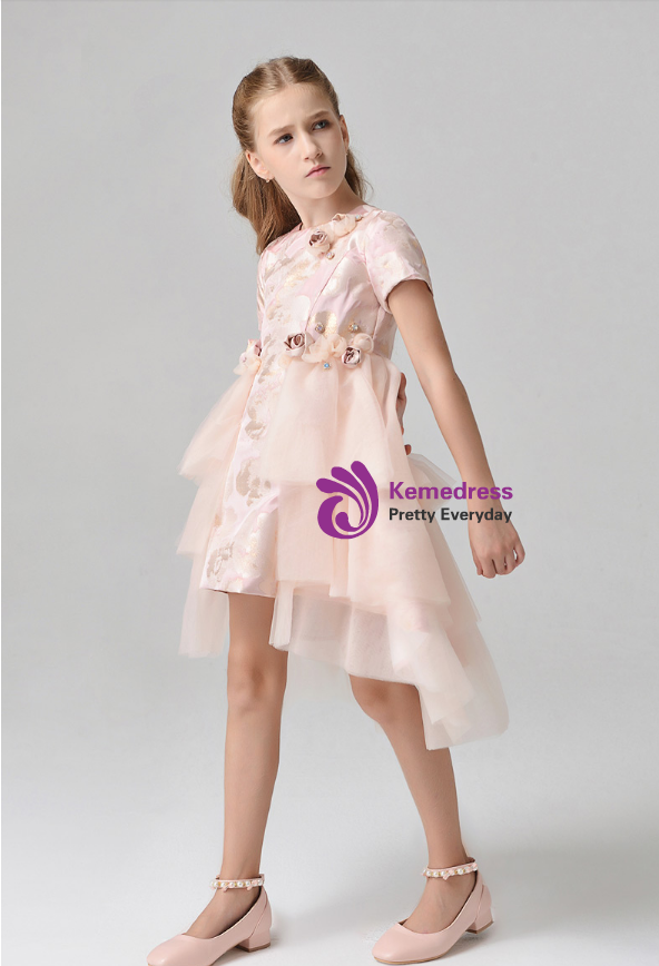 In Stock:Ship in 48 Hours Pink Tulle Hi Lo Short Sleeve Flower Girl Dress