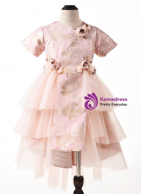 In Stock:Ship in 48 Hours Pink Tulle Hi Lo Short Sleeve Flower Girl Dress