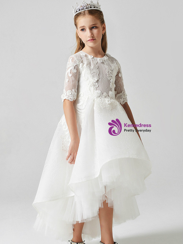 In Stock:Ship in 48 Hours White Hi Lo Tulle Short Sleeve Appliques Flower Girl Dress