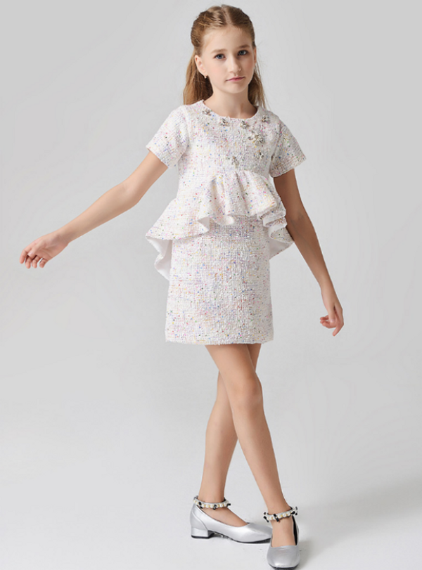 In Stock:Ship in 48 Hours Ligth Pink Short Sleeve Girl Dress With Crystal