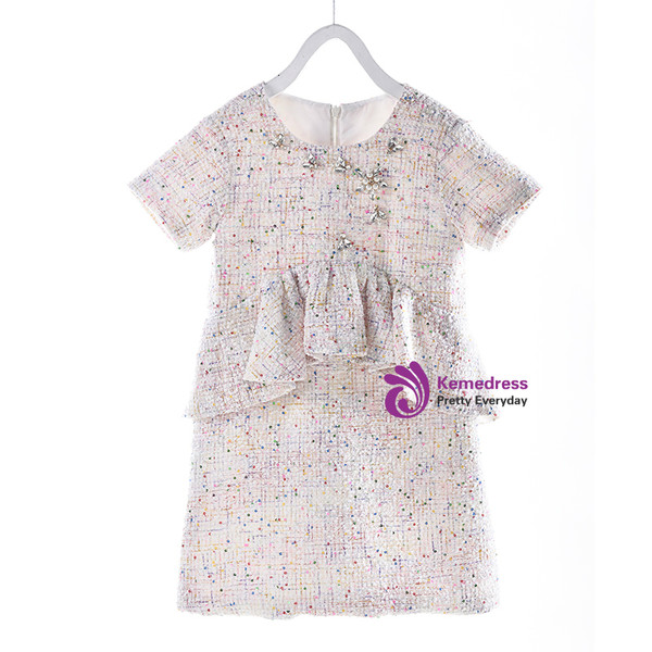 In Stock:Ship in 48 Hours Ligth Pink Short Sleeve Girl Dress With Crystal