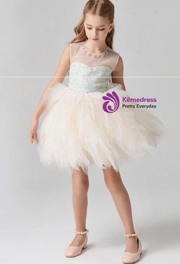 In Stock:Ship in 48 Hours Yellow Tulle Short Flwoer Girl Dress With Bead