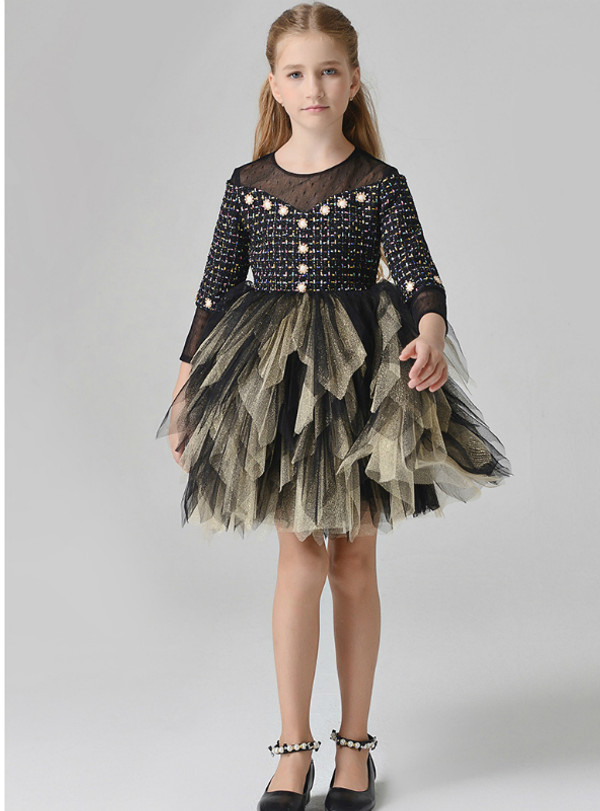 In Stock:Ship in 48 Hours Black Tulle Long Sleeve Girl Dress With Bead