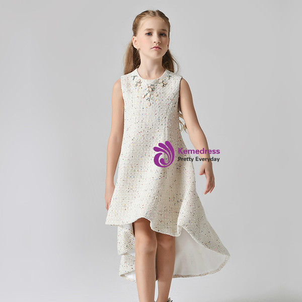 In Stock:Ship in 48 Hours Beige Hi Lo High Neck Two Piece Girl Dress