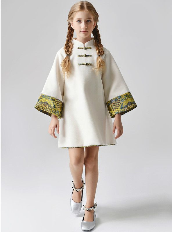 In Stock:Ship in 48 Hours Ivory Long Sleeve Flower Cheongsam Dress