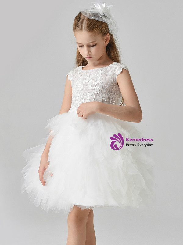 In Stock:Ship in 48 Hours White Tulle Lace Appliques Flower Girl Dress