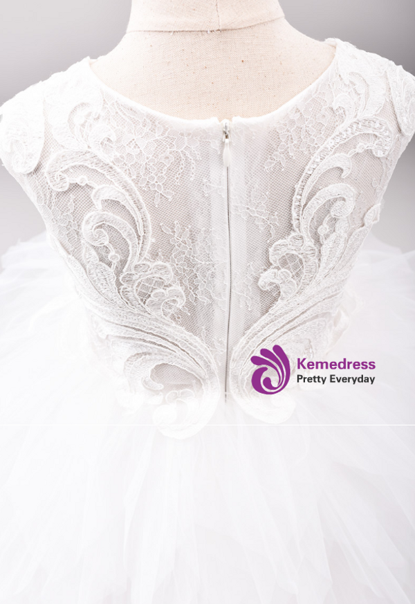 In Stock:Ship in 48 Hours White Tulle Lace Appliques Flower Girl Dress