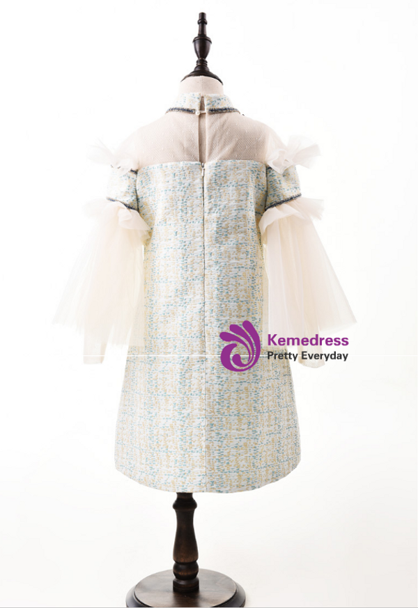 In Stock:Ship in 48 Hours Green Yellow Tulle High Neck Long Sleeve Girl Dress