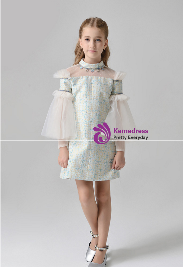 In Stock:Ship in 48 Hours Green Yellow Tulle High Neck Long Sleeve Girl Dress