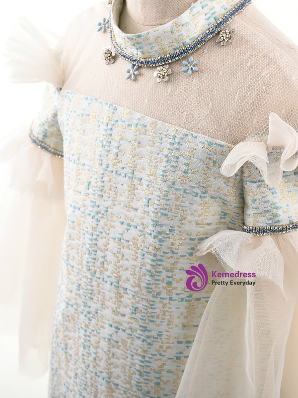 In Stock:Ship in 48 Hours Green Yellow Tulle High Neck Long Sleeve Girl Dress