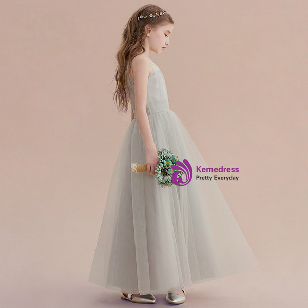 A-Line Gray Tulle Halter Sleeveless Ankle Length Flower Girl Dress
