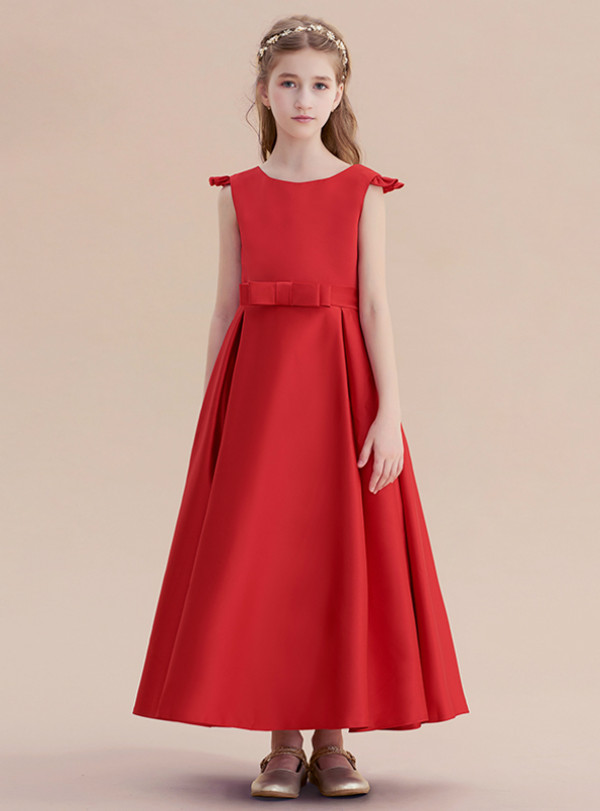 A-line Burgundy Satin Cap Sleeve Flwoer Girl Dress With Bow
