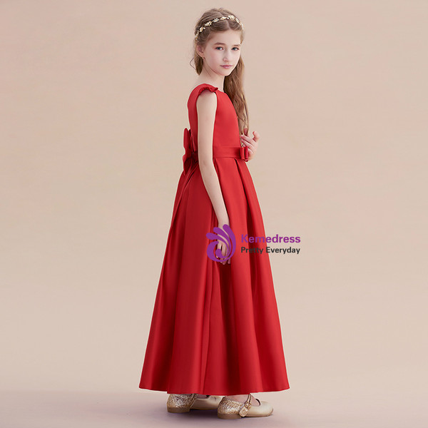 A-line Burgundy Satin Cap Sleeve Flwoer Girl Dress With Bow