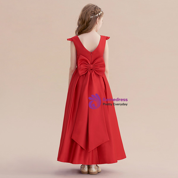A-line Burgundy Satin Cap Sleeve Flwoer Girl Dress With Bow