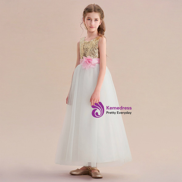 A-Line White Tulle Gold Sequins Long Flower Girl Dress With Flower