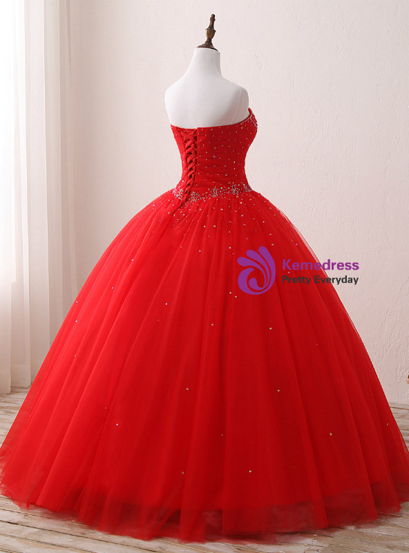 Red Ball Gown Tulle Sweetheart Neck Sweet 16 Dresss With Beading