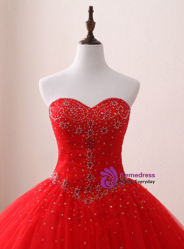 Red Ball Gown Tulle Sweetheart Neck Sweet 16 Dresss With Beading