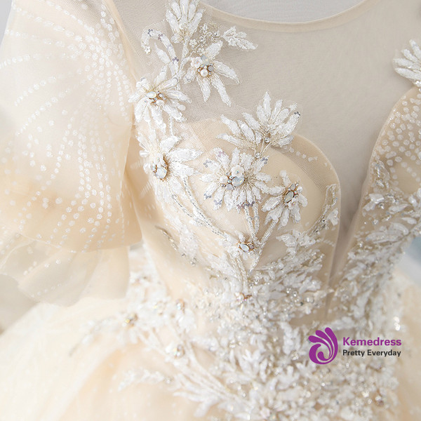 Champagne Ball Gown Tulle Short Sleeve Backless Wedding Dress With Beading